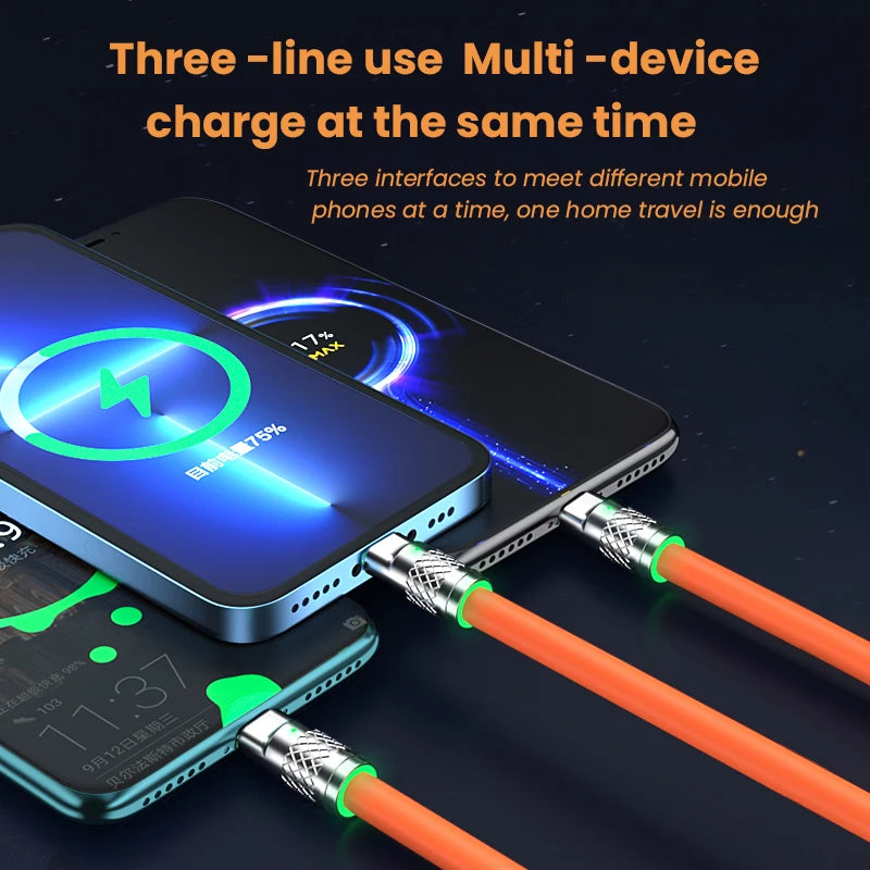 120W 6A 3 in 1 Fast Charging Type C Cable Micro USB for iPhone Charging Cable For Samsung Huawei Xiaomi Phone Charger USB Cable