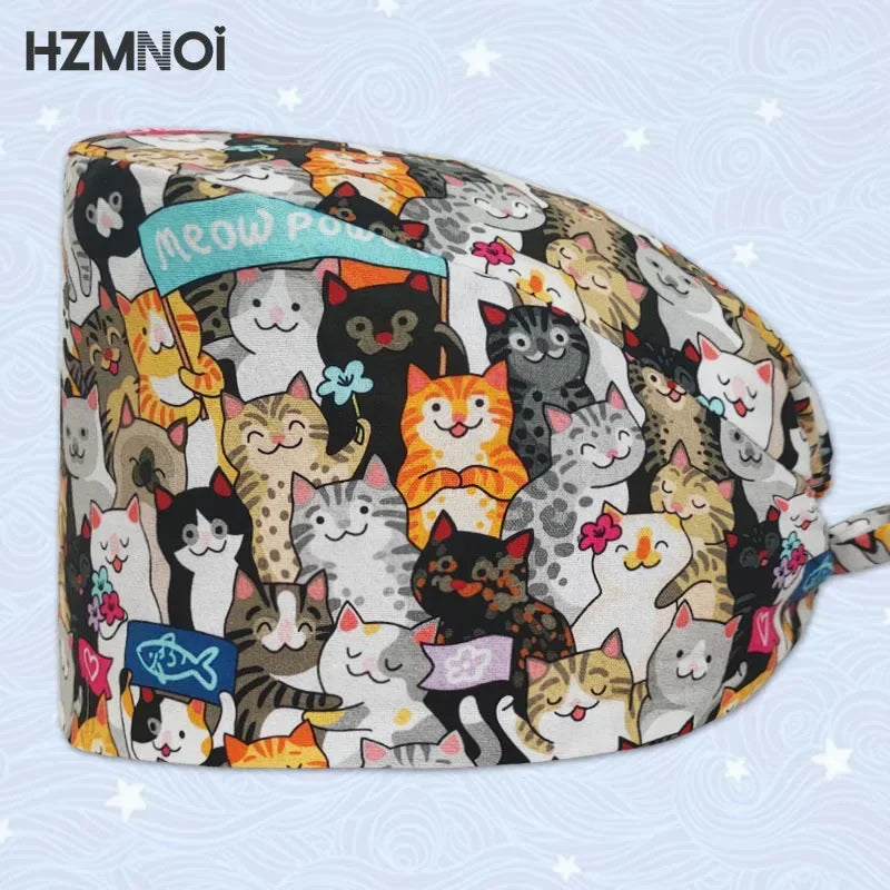 Cute Cat Pattern Printing Unisex Surgical Cap Surgeon Veterinary Pet Beauty Salon Hospital Clinic Clinical Nurse
