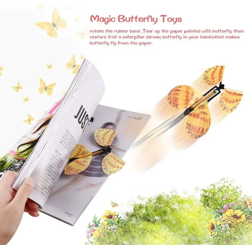 5PCS Magic Flying Butterfly Wind Up Butterfly Fairy Flying Toys Winding Rubber Band Bookmark Party Funny Gift Magic Tricks Tools