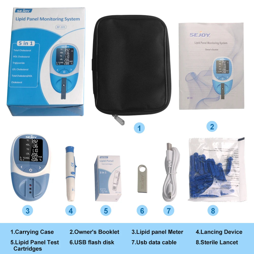 5 in 1 Lipid Meter,TC TG HDL LDL Triglyceride Cholesterol Test Kit Blood Lipid Profile Analyzer