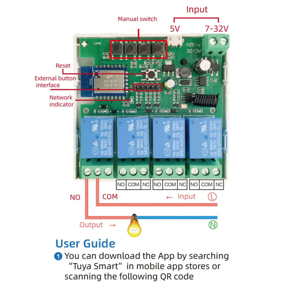 Smart Remote Control Wireless Wifi Switch Module 4CH DC 7-32V AC85-250V RF Receiver 10A wifi Relay For Alexa DIY