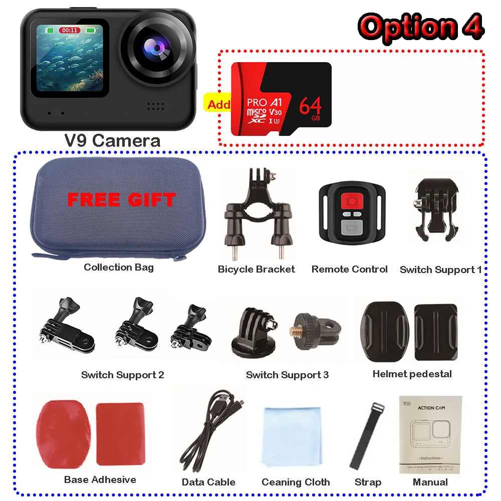 4K60FPS 20MP Action Camera 5M Body Waterproof EIS DVR 170D Sports Video Recording Dual Display 2" Touch Screen 1080P Webcam