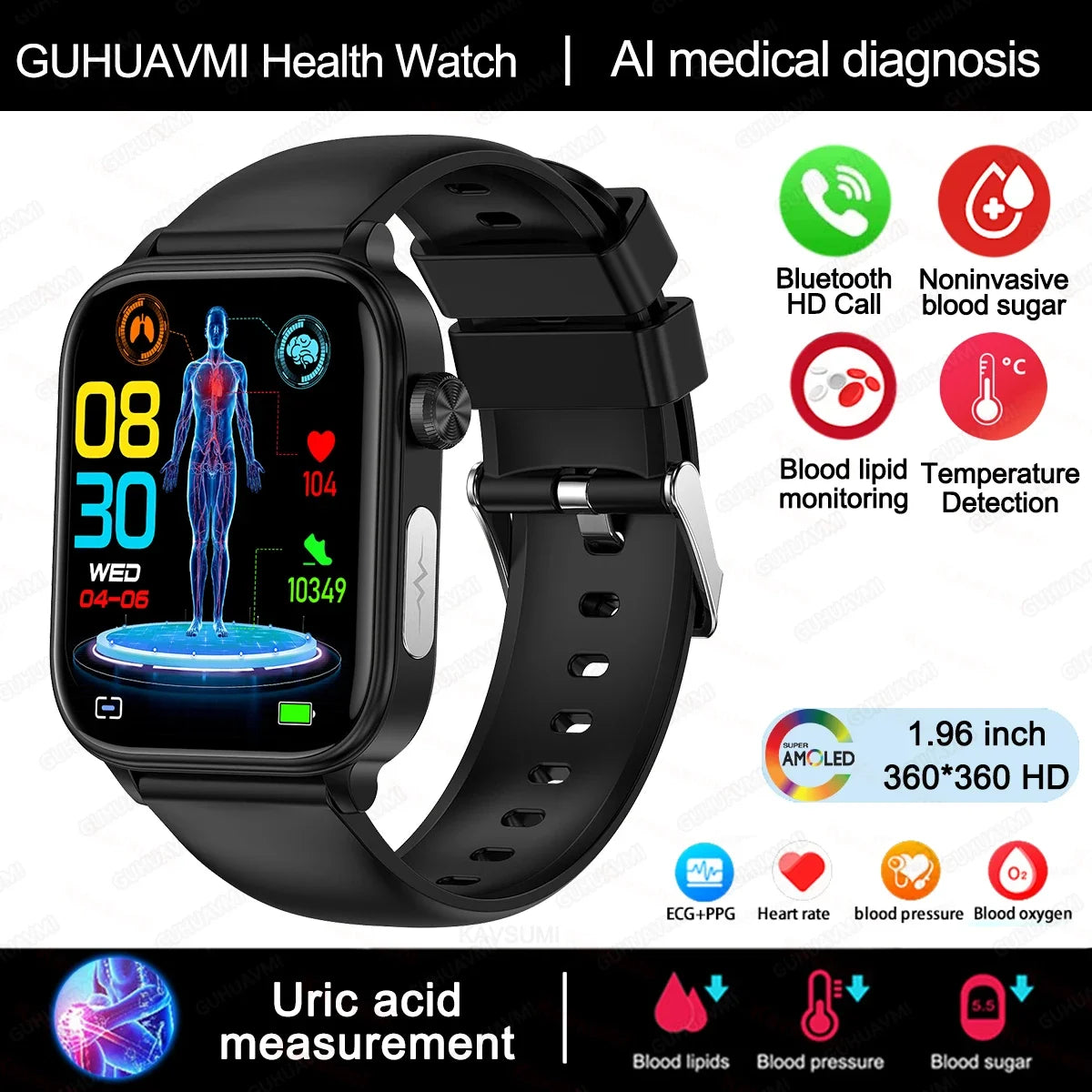 2024 New ECG+PPG Uric Acid Non-Invasive Blood Glucose Smartwatch Men Bluetooth Call Heart Rate Blood Pressure Smart Watch Women