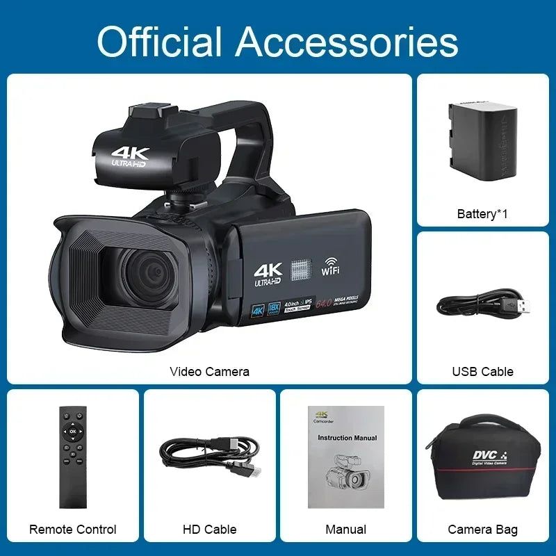 4K Professional Video Cameras for Photography 64MP Ultra HD 18X Digital Zoom Camcorders YouTube Live Streaming Vlog Recorder