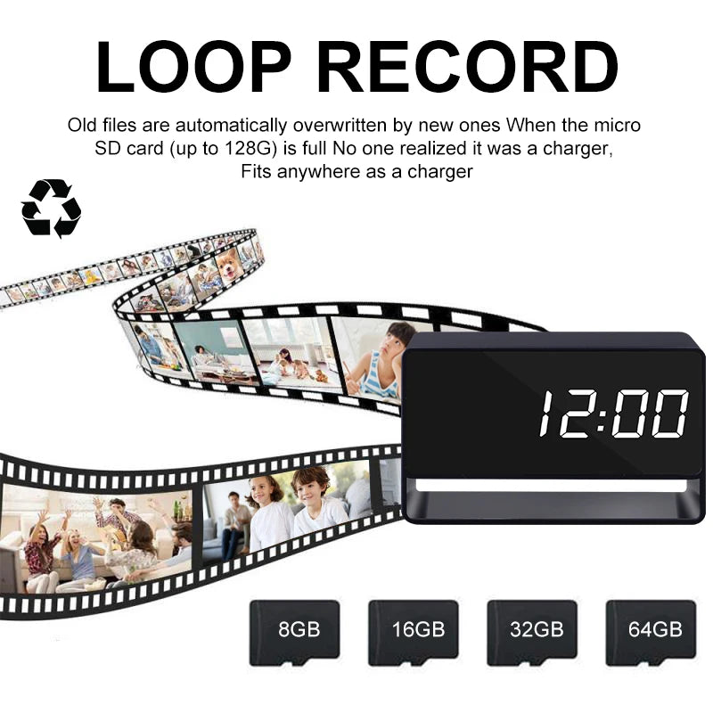 Alarm Clock Cam Full HD 1080P WiFi Wireless Remote Camera Night Vision Motion Detection Alert Surveillance Home Office Security