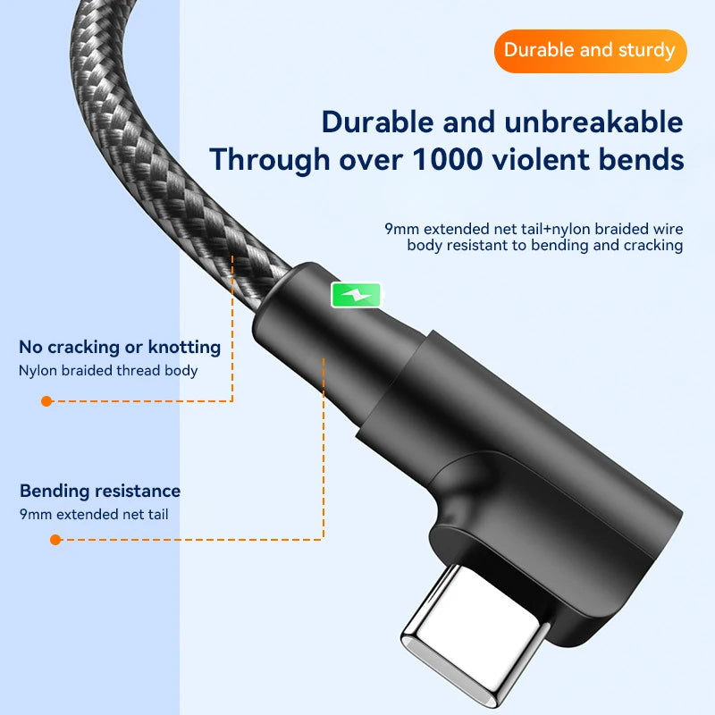 Xiaomi 120w USB Type C Super Charging Cable L Shape 90 Degree Fast Charging 6A For Huawei Xiaomi Samsung