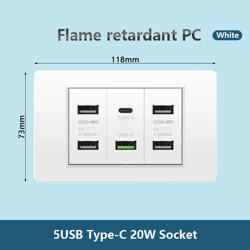 Korea Chile standard 20W Super Fast smart Charge Type C USB Port Power Wall Socket Plug,118*73mm Quick Charge electrical Outlet
