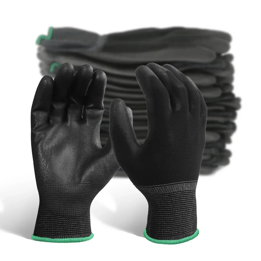 10 pairs Black Pu Gloves Polyester Shell Customized With Pu Coated Palm Safety Work Gloves En388 Pu Coated Gloves
