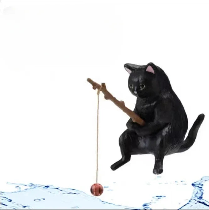 Lovely  Fishing Cat Fishbowl Fishing Figure Fisherman Figurine Cat Fishing Rod Seals Figures Cat Decoration Interior Accessories
