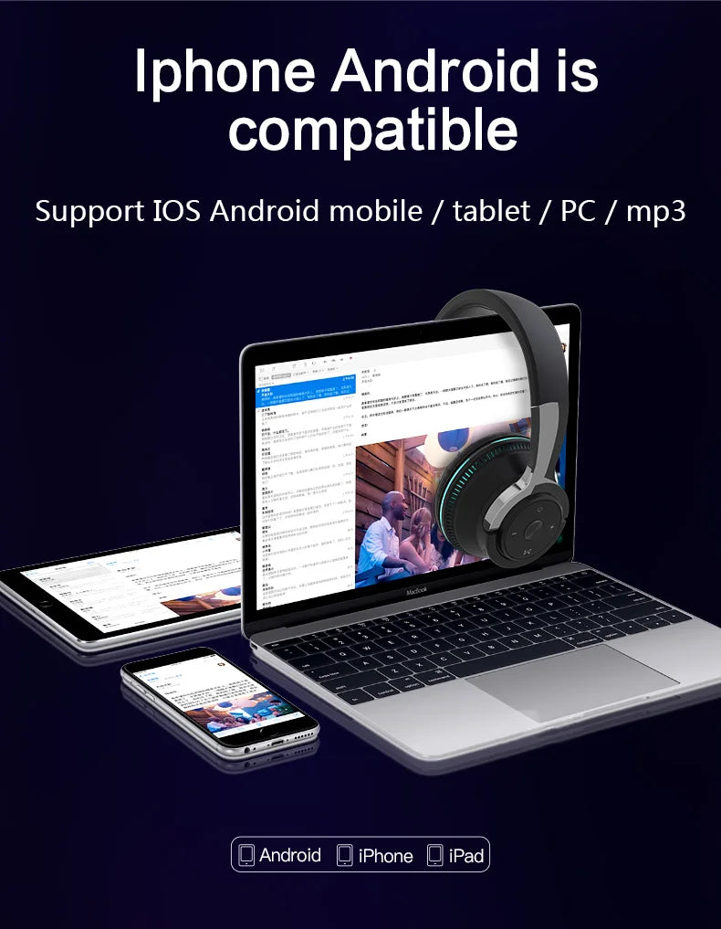 #Bluetooth Headphones Head-mounted Noise Reduction Wireless Headset for Phones PC Gaming Headsets Heavy Bass Colorful LED Lights