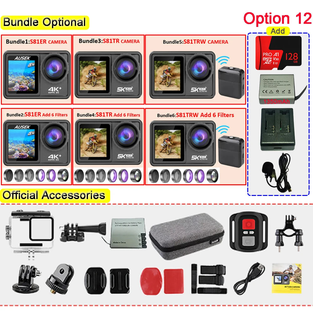 AUSEK S81TRW Action Camera 5K 4K60FPS 48MP DVR EIS With Optional Filters 5X Zoom 1080P Webcam Vlog Wi-Fi Sports Cam With Remote