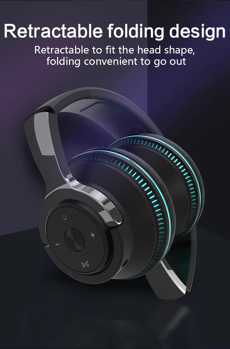 #Bluetooth Headphones Head-mounted Noise Reduction Wireless Headset for Phones PC Gaming Headsets Heavy Bass Colorful LED Lights