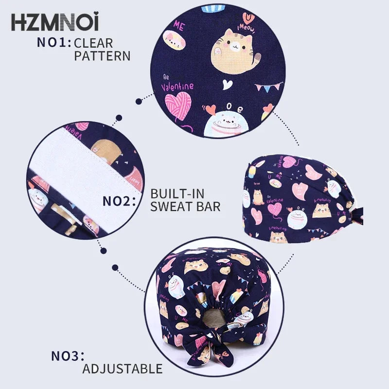 Cartoon Printed Women's Surgical Cap, 100% Pure Cotton Dental Cap, Beauty Salon Breathing and Cleaning Cap, Laboratory Work Cap
