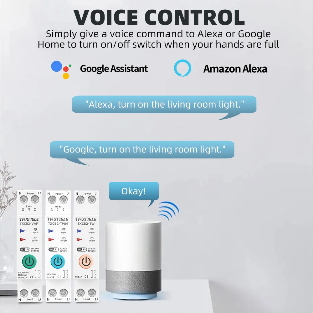 TUYA WIFI Smart Circuit Breaker Power Metering Energy Meter KWh 1P 63A Smart Life Remote Switch Timer Voltage Current Protect