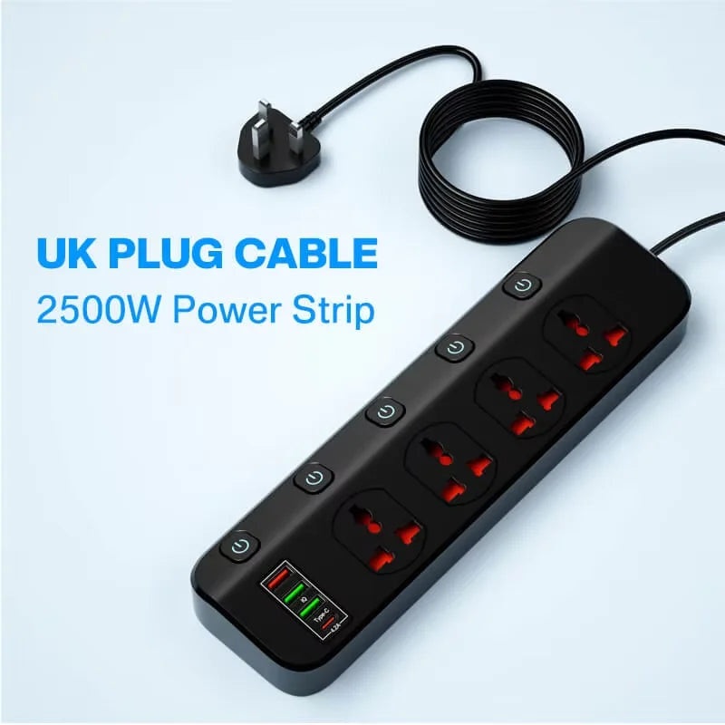 Network Filter Power Strip 2500W With 4 Universal Socket Multiple USB and 5 Swich,EU US UK Plug Socket Extension Cable For Home