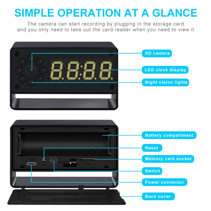 Alarm Clock Cam Full HD 1080P WiFi Wireless Remote Camera Night Vision Motion Detection Alert Surveillance Home Office Security