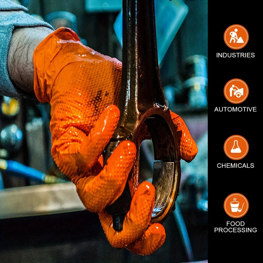 Pack 20/50pcs 8 Mil Nitrile Gloves-Heavy Duty Mechanic Gloves, With Grip - Powder And Latex Free Disposable Gloves Black Orange