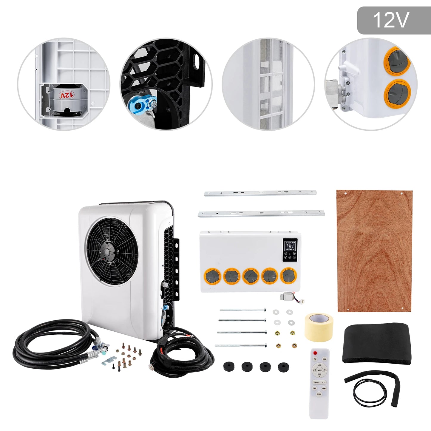 12V 960W Outside and Inside Truck Cab Air Conditioner Split White Air Conditioner Kit and Remote Control for Cab Within 6㎡