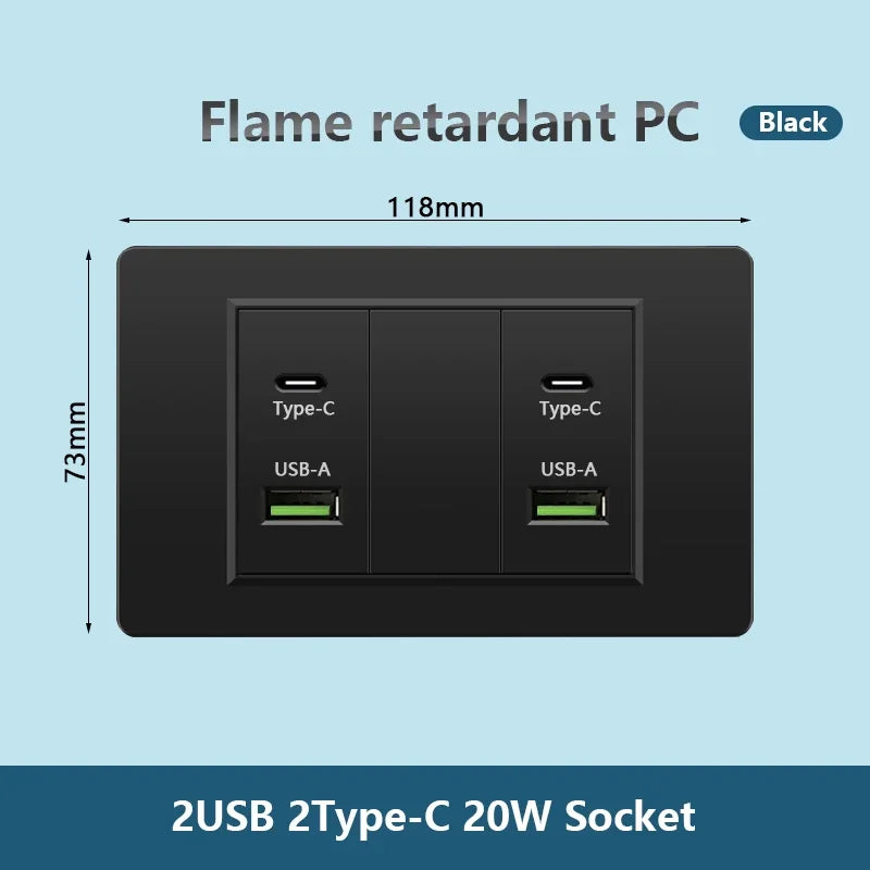 Korea Chile standard 20W Super Fast smart Charge Type C USB Port Power Wall Socket Plug,118*73mm Quick Charge electrical Outlet