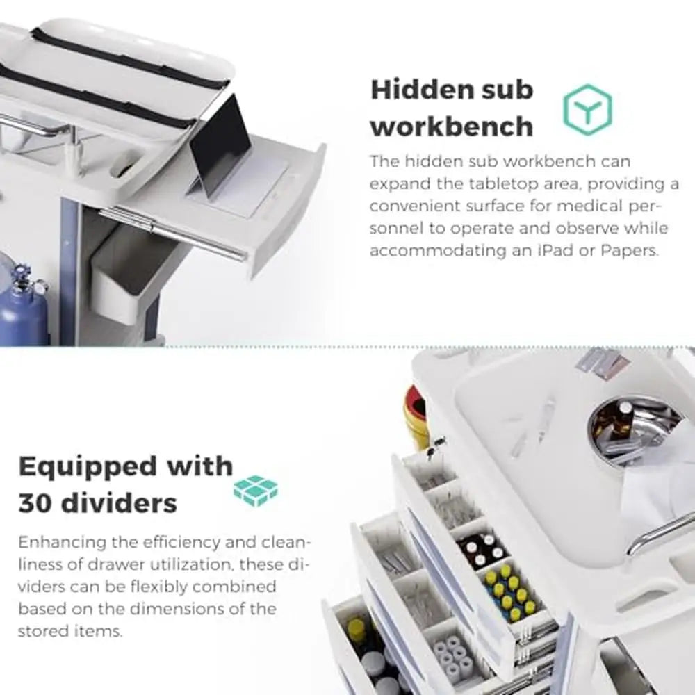 Medical Rolling Crash Cart with CPR Board IV Pole O2 Holder Trash Bin and Dividers Mobile Medical Cart with Wheels and Spacious