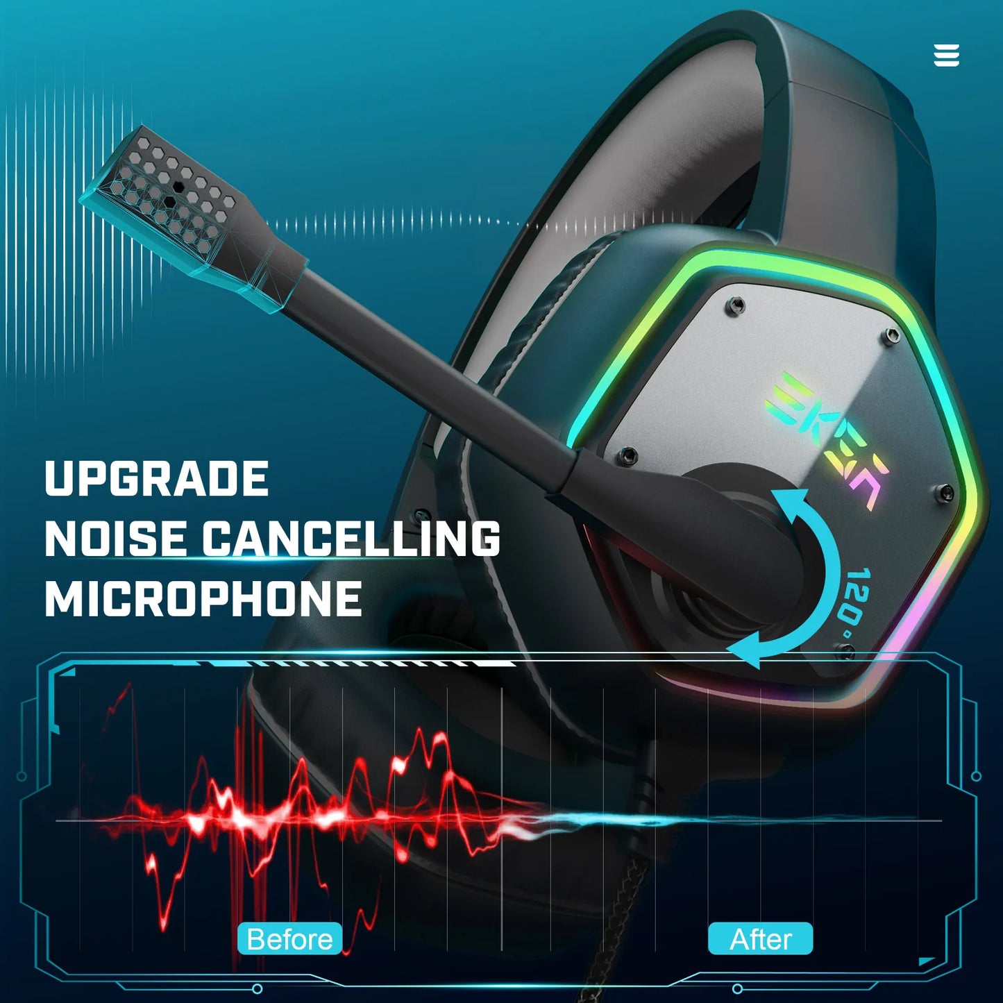 EKSA E1000 RGB Gaming Wireless Headphone with Mic Over-Ear Headphones 7.1 Surround Sound Wired Headset For PC PS4/PS5