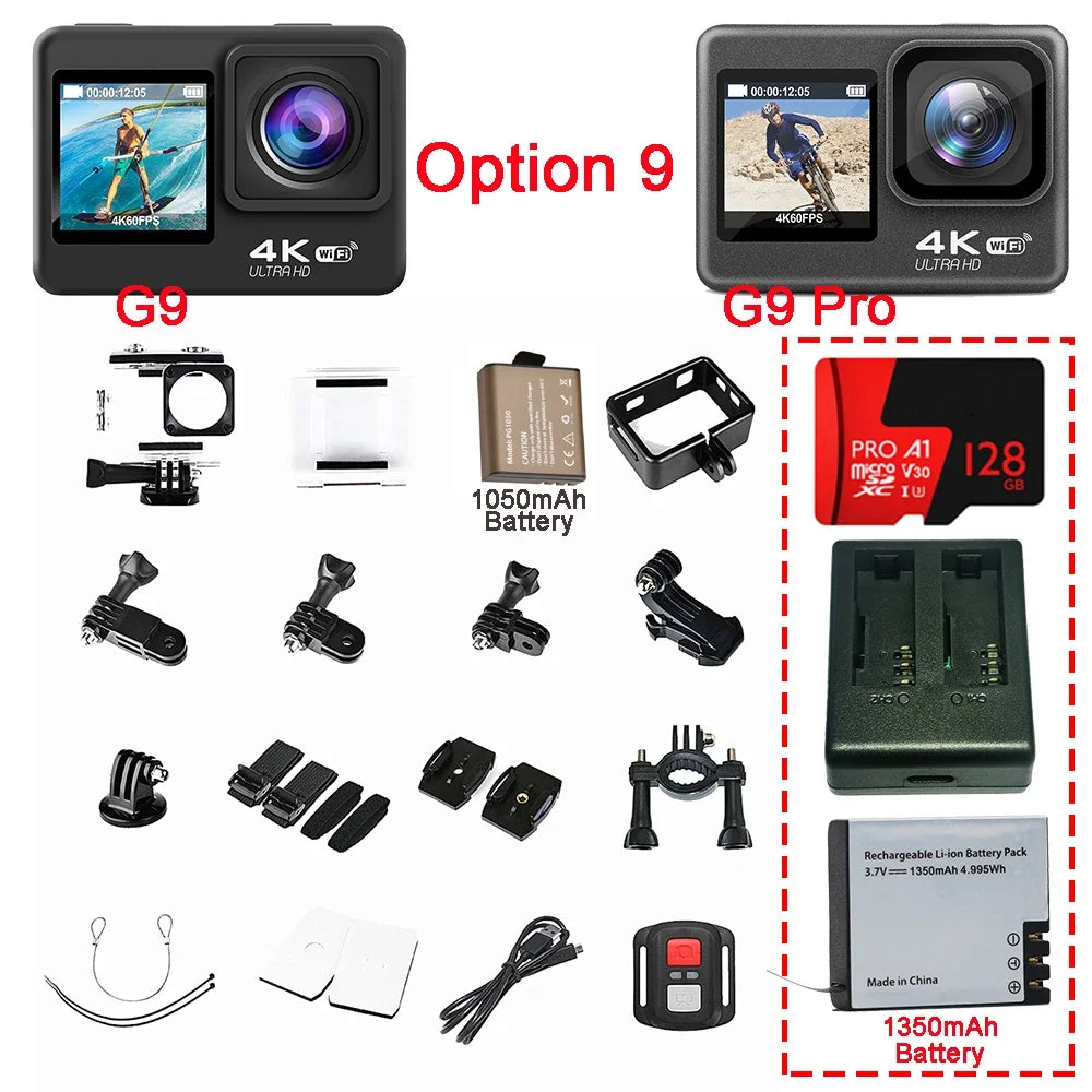 Huafant G9 Action Camera 4K 60FPS 24MP 2.0 Touch LCD EIS Dual Screen Wi-Fi 170D Waterproof Remote Control 4X Zoom Sports Cam