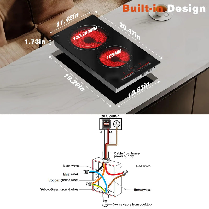 Hobsir hob Built-in 12 inch 2 Burners Electric Cooktop,  with Sliding Control，Timer，Safety Lock， Power Levels 3200W，220V-240V