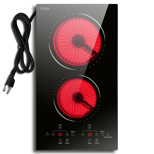 12 Inch 2 Burner Built-in Radiant Electric Stove，110v-120v Plug In，2000W，with Safety Lock, Timer, Over-Temperature Protection