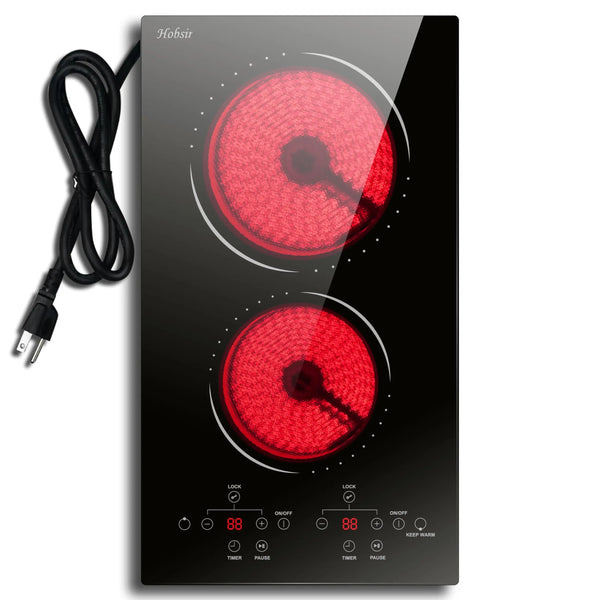 12 Inch 2 Burner Built-in Radiant Electric Stove，110v-120v Plug In，2000W，with Safety Lock, Timer, Over-Temperature Protection