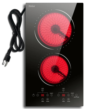12 Inch 2 Burner Built-in Radiant Electric Stove，110v-120v Plug In，2000W，with Safety Lock, Timer, Over-Temperature Protection