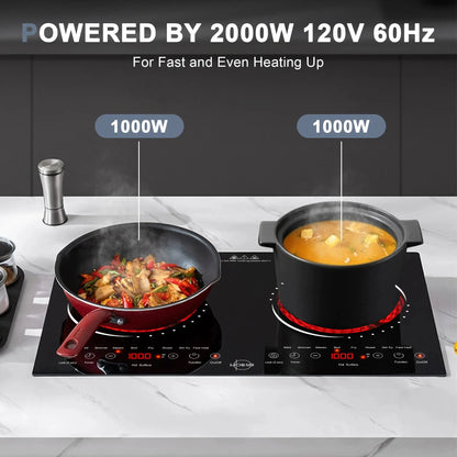 Hobsir hob 2 Burner 24 Inch Countertop and Built-in Electric Stove Top with Plug 110v，LED Touch Screen，Safety Lock，2000W，Timer