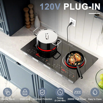 Hobsir hob 2 Burner 24 Inch Countertop and Built-in Electric Stove Top with Plug 110v，LED Touch Screen，Safety Lock，2000W，Timer