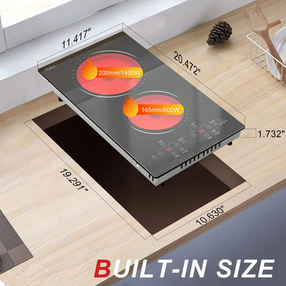 12 Inch 2 Burner Built-in Radiant Electric Stove，110v-120v Plug In，2000W，with Safety Lock, Timer, Over-Temperature Protection