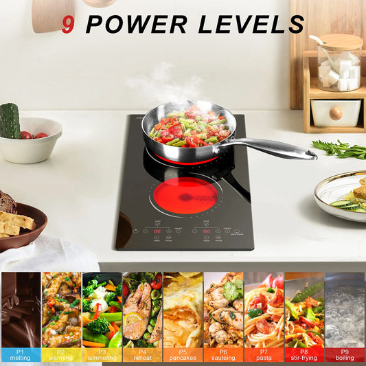 12 Inch 2 Burner Built-in Radiant Electric Stove，110v-120v Plug In，2000W，with Safety Lock, Timer, Over-Temperature Protection