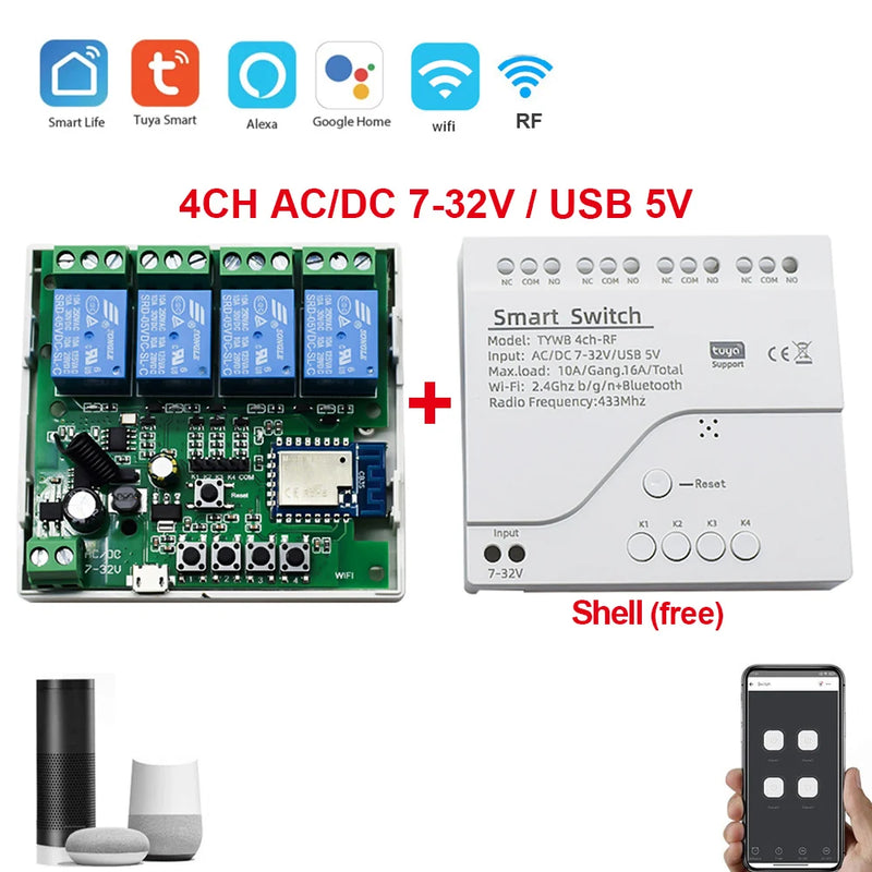 Tuya Smart Wifi Motor Switch Module 5V 12V 32V 220V RF 433 Radio Remote Control 4 Channels Inching Relay for Alexa Google Home