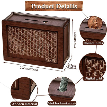 Wooden Money Saving Box Reusable Piggy Bank Money Container for 1000/2000/3000/5000/10000 Euro Cash Coin Case