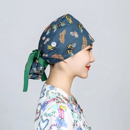 Printed Surgical Cap Scrub Cotton With Button Doctor Wrap Long Hair Adjustable Lace-up Women Beauty Care Hospital Accessories