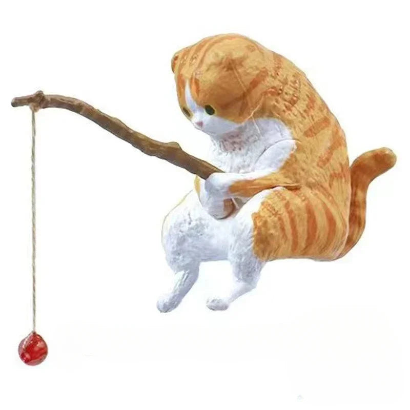 Lovely  Fishing Cat Fishbowl Fishing Figure Fisherman Figurine Cat Fishing Rod Seals Figures Cat Decoration Interior Accessories