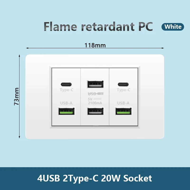 Korea Chile standard 20W Super Fast smart Charge Type C USB Port Power Wall Socket Plug,118*73mm Quick Charge electrical Outlet