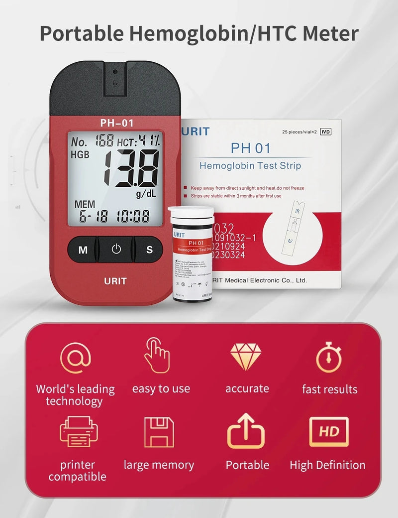 For URIT Hemoglobin Analysis Tester Meter Home Hb Analyzer Anemia Tester Strip Heme Test With 50 Test Paper Home Medical