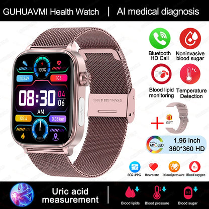 2024 New ECG+PPG Uric Acid Non-Invasive Blood Glucose Smartwatch Men Bluetooth Call Heart Rate Blood Pressure Smart Watch Women