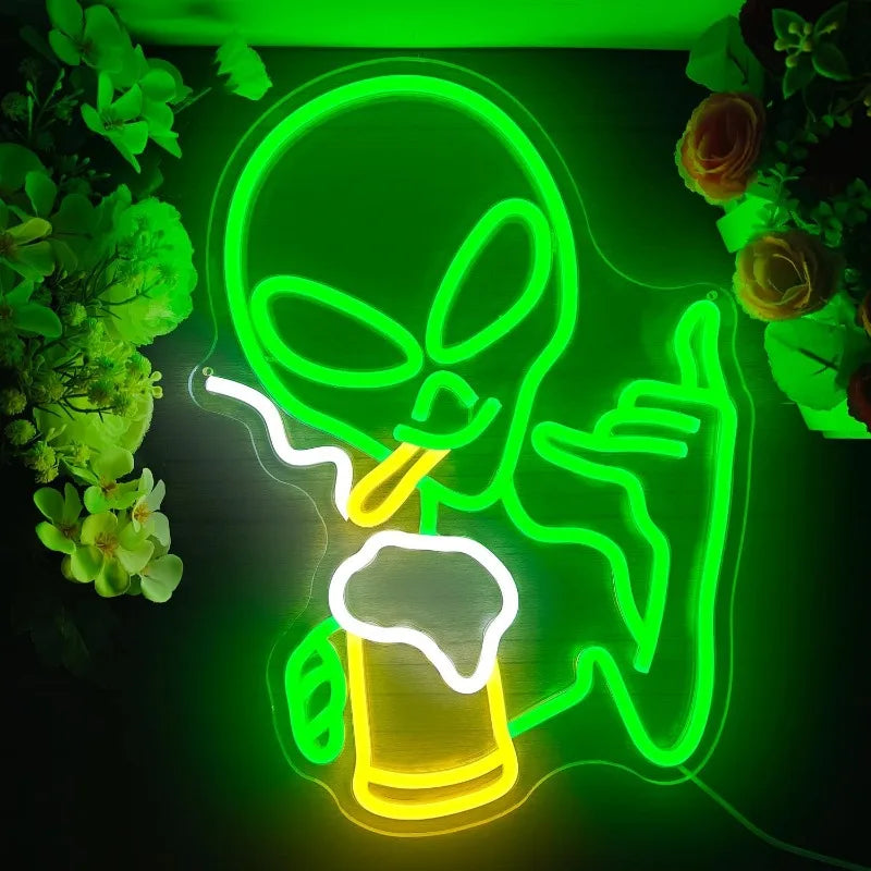 XM Green Alien Neon Light for Wall Decor Dimmable Man Cave Neon Sign LED Neon Sign Bedroom Hip Hop Party Game Room Beer Bar Gift