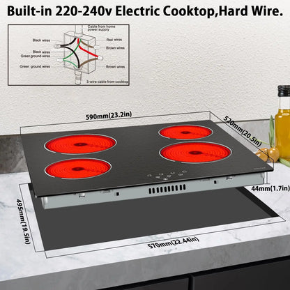 Ceramic Cooktop, Built-in 4 Burners Electric Stove Electric Cooker Hob With Touch Control Child Lock Timer Easy To Clean with Ha