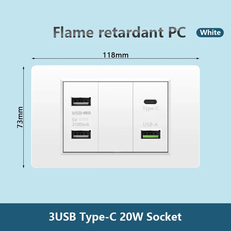 Korea Chile standard 20W Super Fast smart Charge Type C USB Port Power Wall Socket Plug,118*73mm Quick Charge electrical Outlet