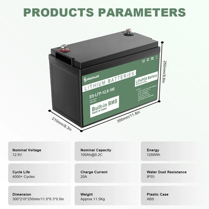 LiFePO4 Battery 100 200AH Lithium Battery, Built-in 200A BMS, 4000+ Cycles for RV, Off-Grid, Solar Power System, Marine Ect