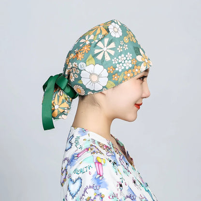 Printed Surgical Cap Scrub Cotton With Button Doctor Wrap Long Hair Adjustable Lace-up Women Beauty Care Hospital Accessories