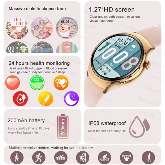 2024 New For Huawei Watch 4 Mini NFC Smart Watch Women AMOLED HD Screen IP68Waterproof Heart Rate Blood Sugar BT Call Smartwatch