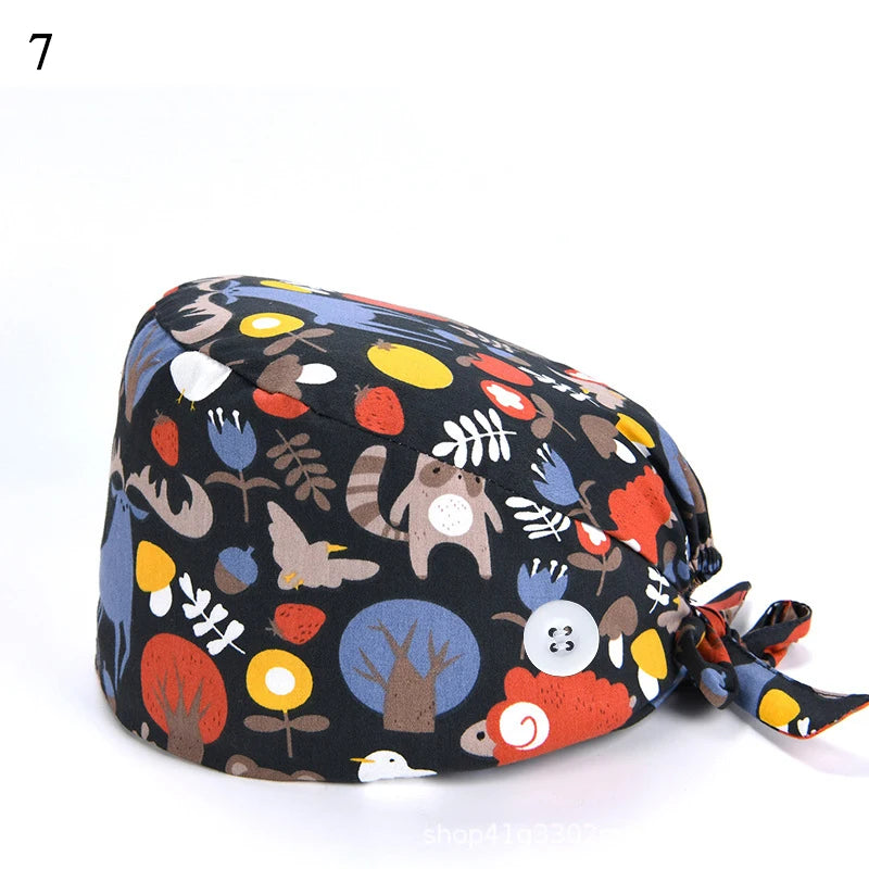Floral Soft Hat Printing Nurse Sweat-absorbent Head Wrap Towel Surgical Anti-Dirty Pure Cotton Cap With Button Scrub Cap