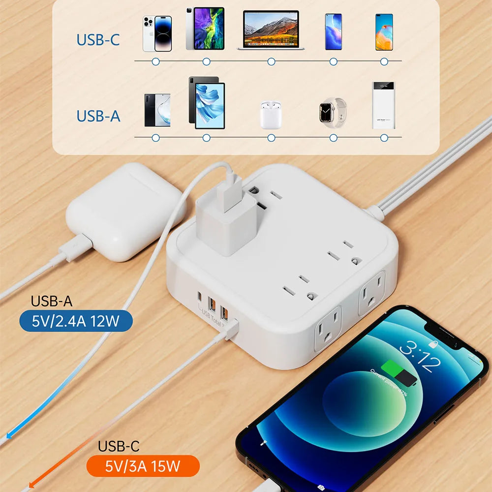 US Plug AC Outlet Multiprise Power  Strip 1.5M Extension Cable Multitap Network Filter With USB C  Charging Network Filter Adapt
