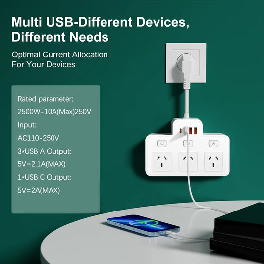AU Plug Power Strip Wall Mounted Independent Switch Power Socket With 3 USB Ports 1 Type C Ports Charging Network Filter Adapter